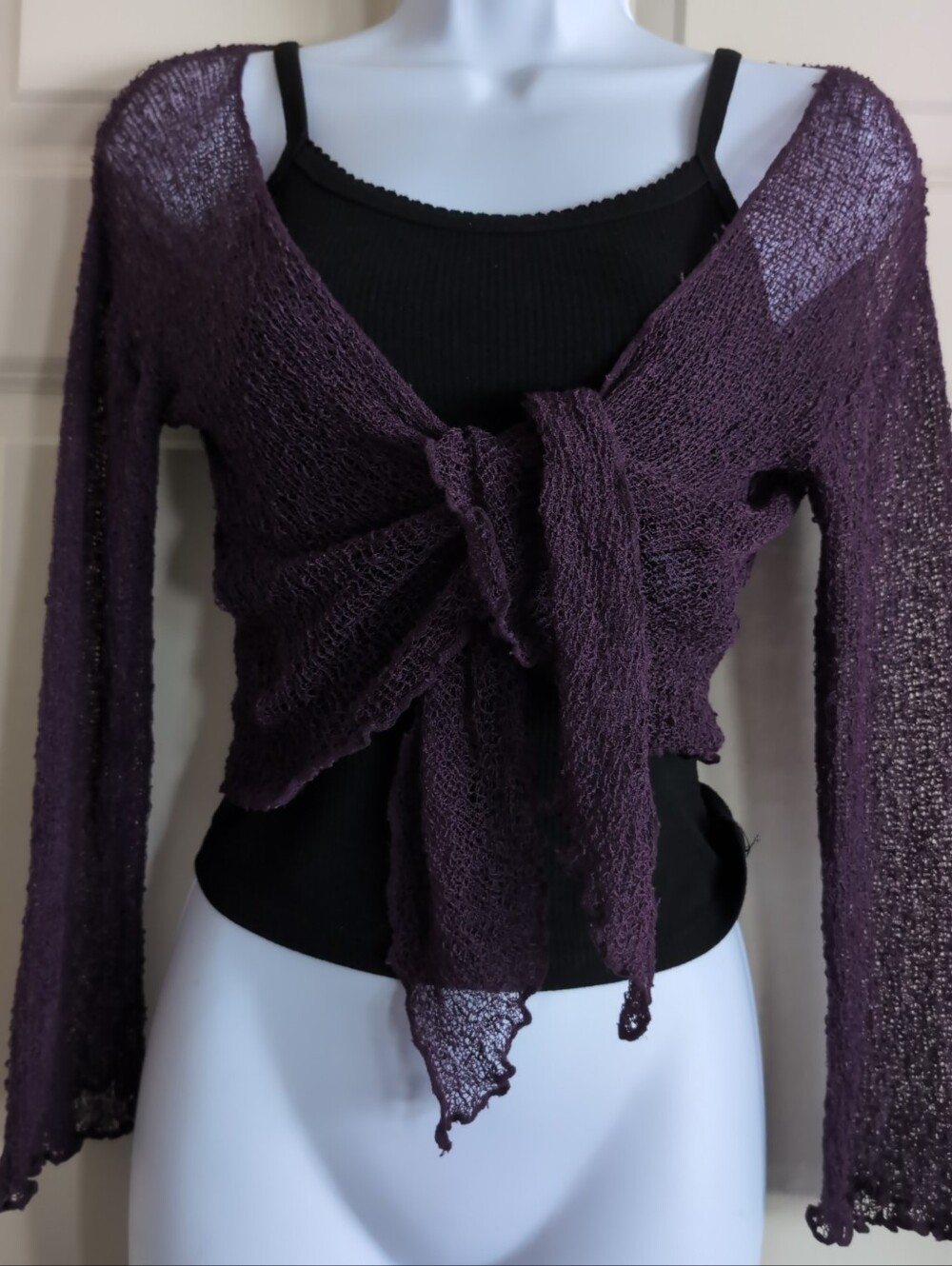 Purple open knit gauzy rayon tie front cardigan slight bell sleeves lettuce hem